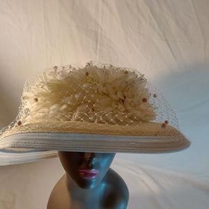 Vintage Flowered Hat Jack McConnell White Flowers Netting